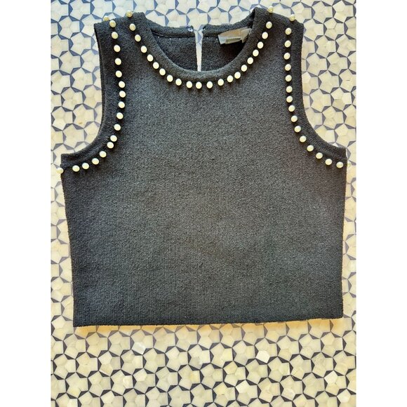 Anthropologie Pearl-Trim Black Sweater Tank Top M Cropped Sleeveless Knit Shell - Picture 3 of 10